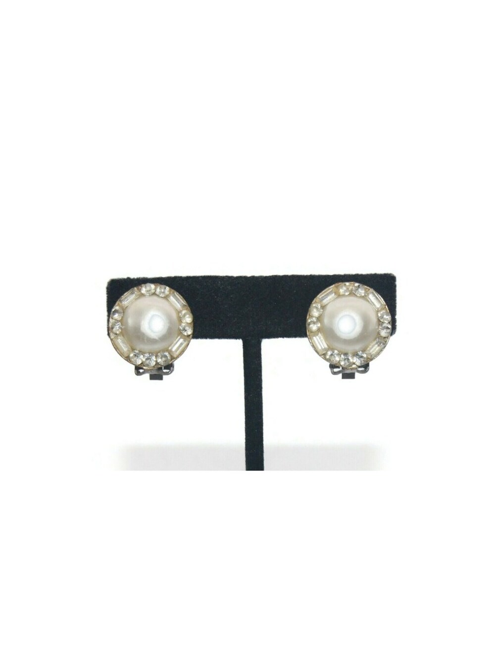 Vintage Round Faux Pearl and Rhinestones Clip on Earrings.
